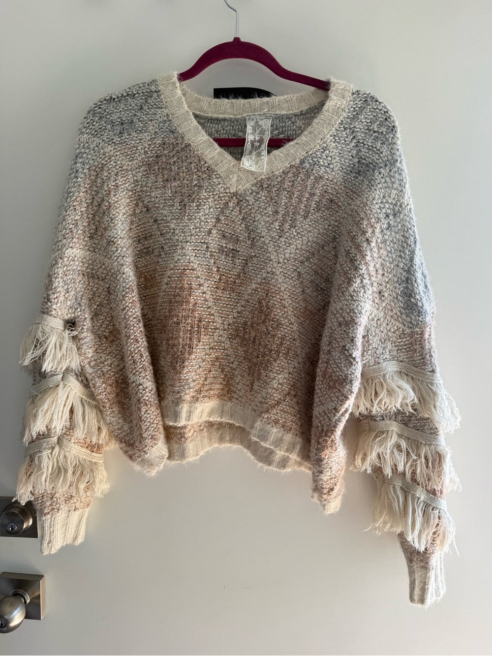 Sadie & Sage Cream and Light Gray Fringe V-Neck Sweater